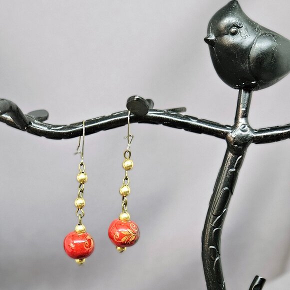 Red Ceramic Beaded Earrings, w/ Flower Design, & gold tone accent beads - 2" - Picture 5 of 7
